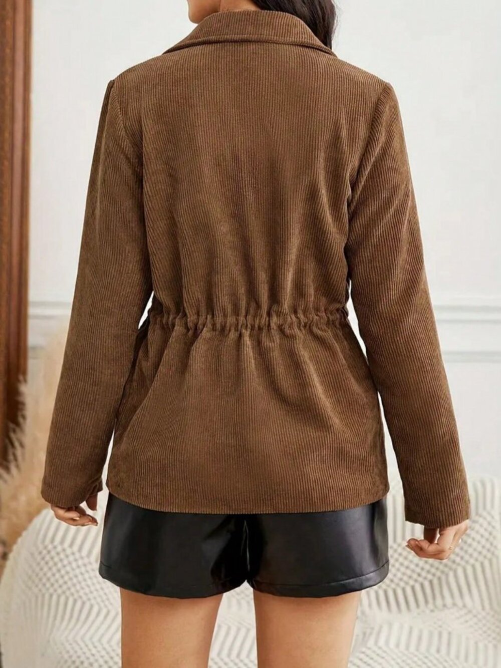 Brown Casual Women's Long Sleeve Drawstring Waist Cargo Pocket Jacket - Picture 2 of 3